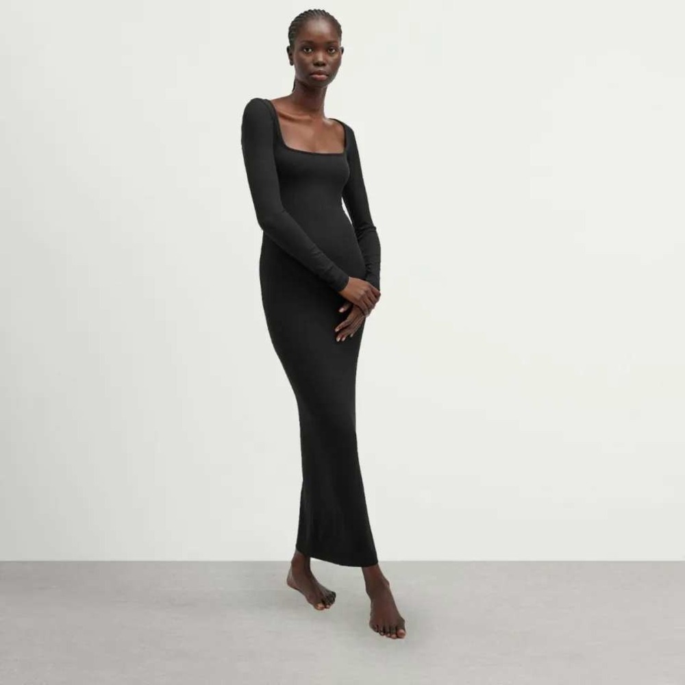 SKIMS Soft Lounge Long Sleeve Scoop Neck Maxi Dress Onyx Black Ribbed Size M NEW